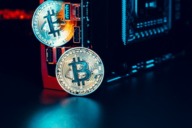 golden bitcoin and computer chip