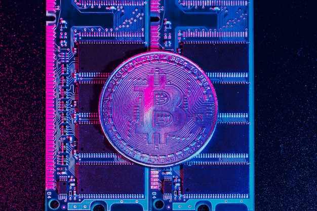 golden bitcoin and computer chip