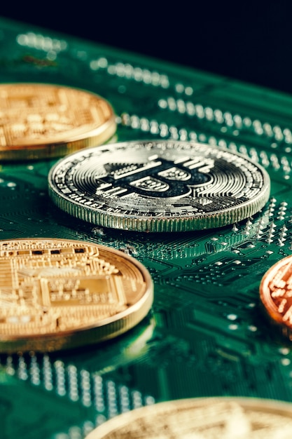 golden bitcoin and computer chip