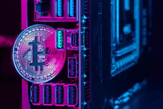 Golden bitcoin and computer chip 