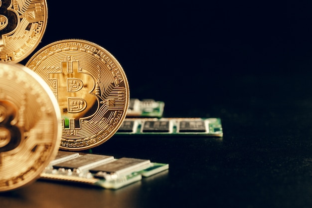 Golden bitcoin and computer chip