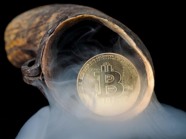 Golden bitcoin in a cornucopia with smoke effect