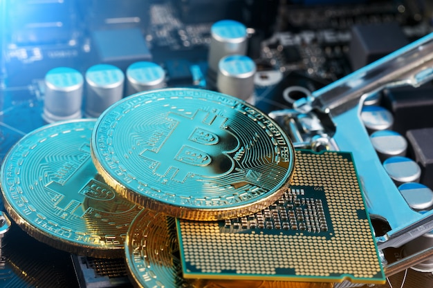 Golden Bitcoin Cryptocurrency on computer circuit board CPU