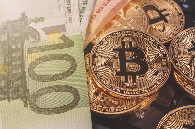 Golden bitcoin Euro background. Bitcoin cryptocurrency.