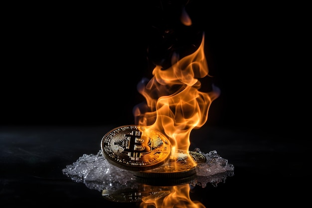 Foto bitcoin dorato in fiamme isolato su sfondo nero