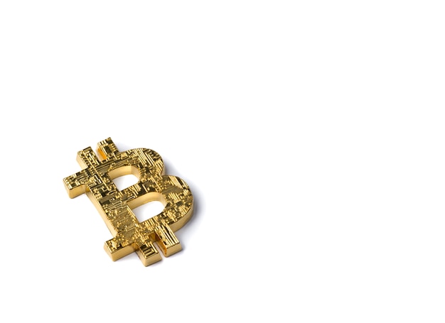 Golden bitcoin isolated. Top view