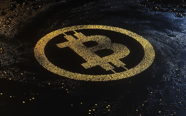 Golden bitcoin logo made of particles and dark background