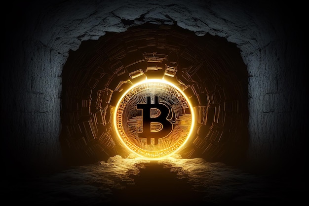 Golden bitcoin mining in deep mine cave Generative AI