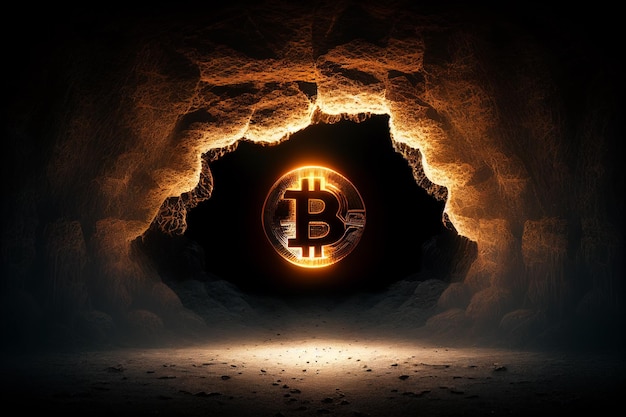 Golden bitcoin mining in deep mine cave Generative AI
