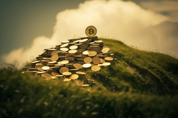 Photo golden bitcoin on the moutain business concept generative ai