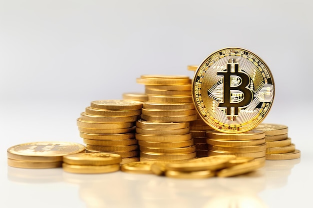 Golden bitcoin on a pile of gold coins Isolated on white background