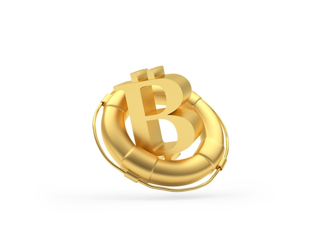 Golden bitcoin sign in a lifebuoy