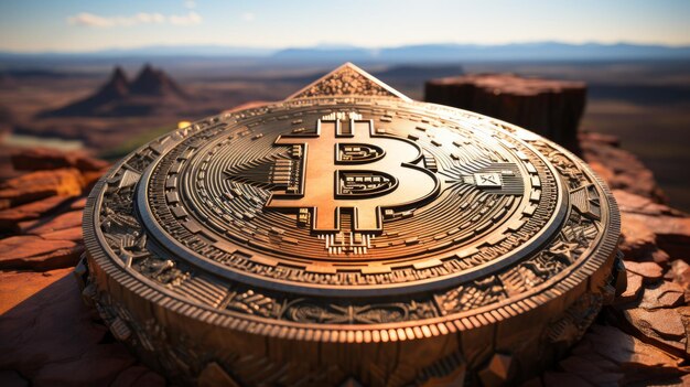 Photo a golden bitcoin sits on a rock in the desert