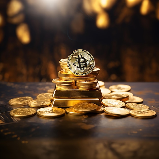 A golden bitcoin sitting on top of table a stack of gold bars