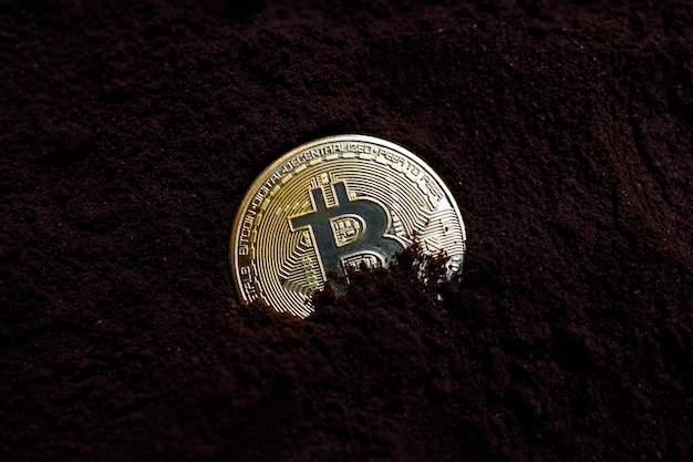 Golden bitcoin on soil background cryptocurrency concept