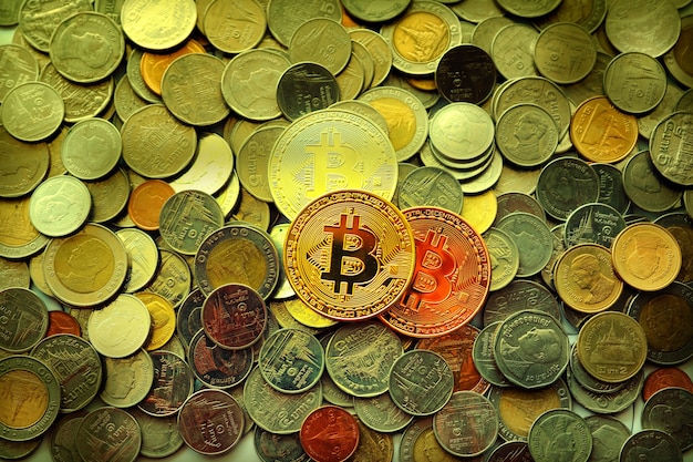 Bitcoin dorato sopra una pila sulle monete tailandesi