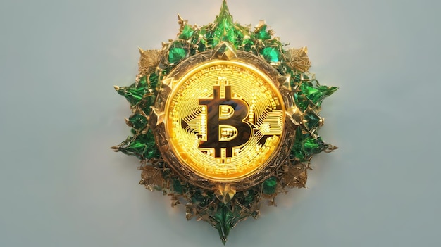 Golden Bitcoin Surrounded by Green Leaves