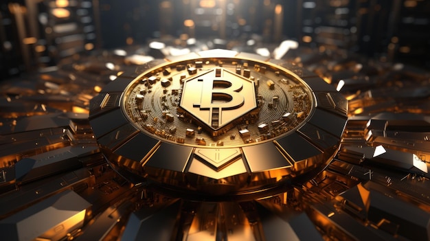 A golden bitcoin surrounded by many shiny bitcoins cyber security concept image digital image