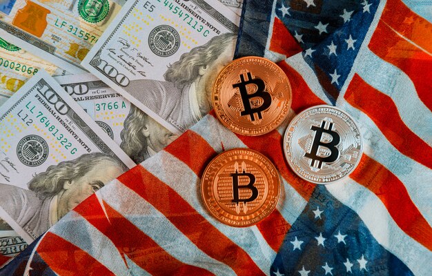 Golden Bitcoin on US dollars digital currency with US flag