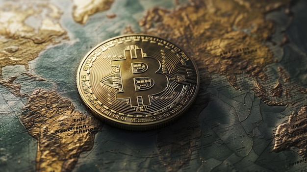 Golden Bitcoin on Vintage World Map Cryptocurrency Global Reach Generative AI