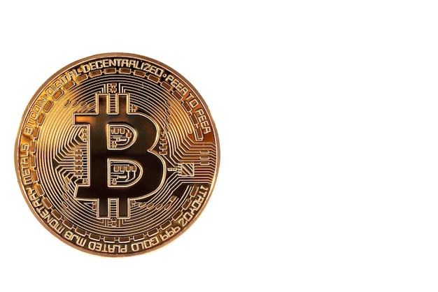 Golden bitcoin on white background