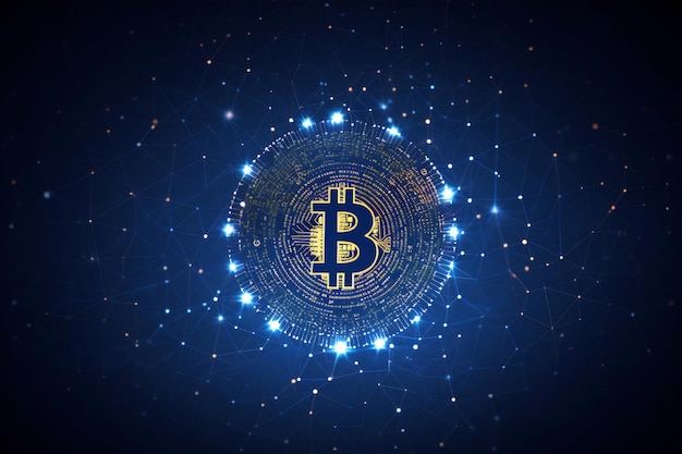 Foto bitcoin dorato con connessioni blockchain digitali che ne escono su uno sfondo blu scuro