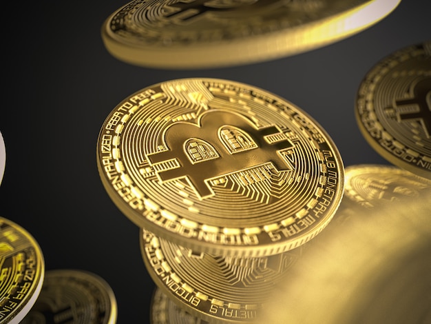 Golden Bitcoins on black background