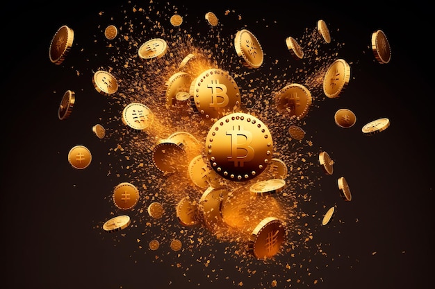 Golden bitcoins falling gold coins cryptocurrency explosion and scattered gold coins Generative AI