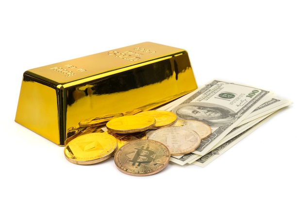 Golden Bitcoins of new digital money, US dollars and gold bars on white background