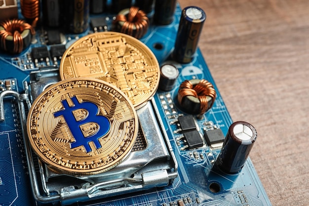 Golden bitcoins on PC motherboard