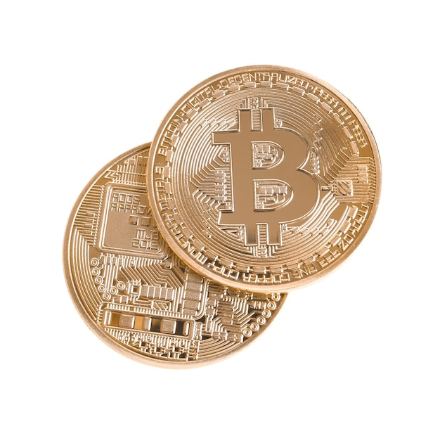 Golden bitcoins on white background