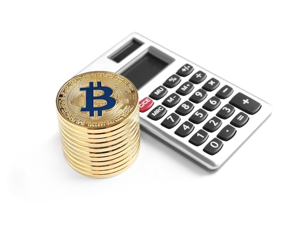 Photo golden bitcoins with calculator on white background