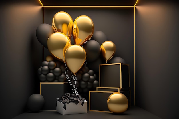 Golden and black balloons black gift boxes stand on a black background near the wall