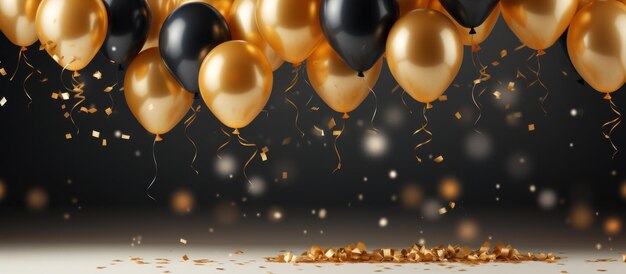 Photo golden and black balloons with confetti on black background