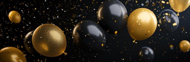 Photo golden and black balloons with golden and silver sparkles on a black background