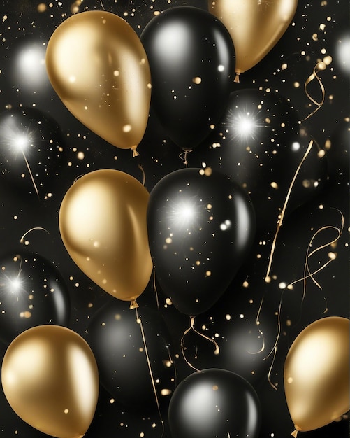 Golden and black balloons with particles banner template