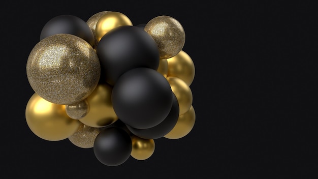 Golden and black balls on the black background 3d render illustration