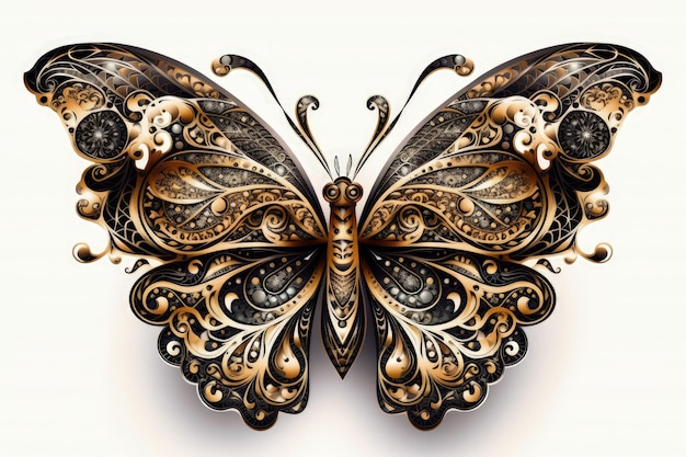 Golden and black butterfly on a plain white background Generative AI