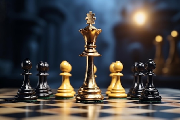 Photo golden and black chess pieces engaged on the board