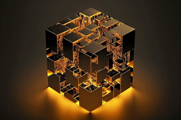 3D レンダリングの抽象的な幾何学的な背景生成 ai として照らされたプラットフォーム上の黄金の黒い立方体