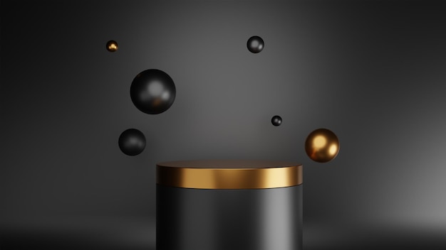 Golden and black minimal realistic geometric background podium with floating black and golden sphere