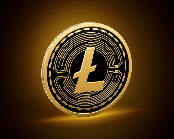 Фотография золотая и черная закругленная криптовалюта litecoin ltc монета на золотом свете на фоне 3d иллюстрация