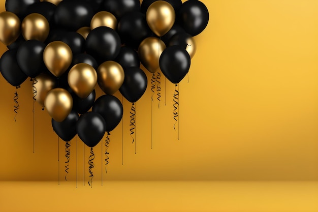 Photo golden and black shiny balloons with copy space on yellow plain background balloons banner backdrop