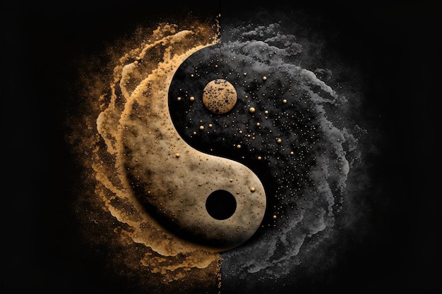 Golden and black yin yang symbol with floating powder on black background abstraction Buddhism Hinduism symbol religion balance concept Generative AI