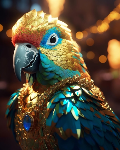 a golden and blue color shine parrot digital art