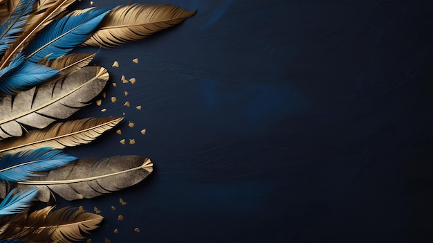 Golden and blue indigenous feather copy space background