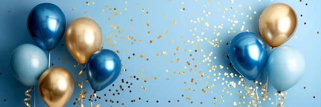 golden and blue metallic balloons confetti and ribbons on pastel blue wall banner background