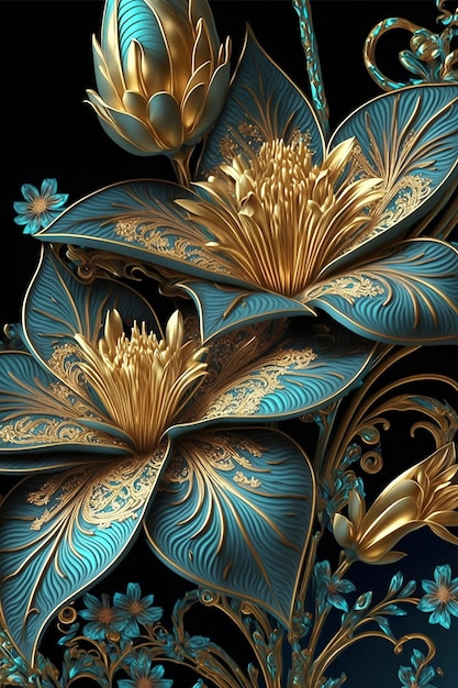 Golden and blue ornate pattern and abstract flowers