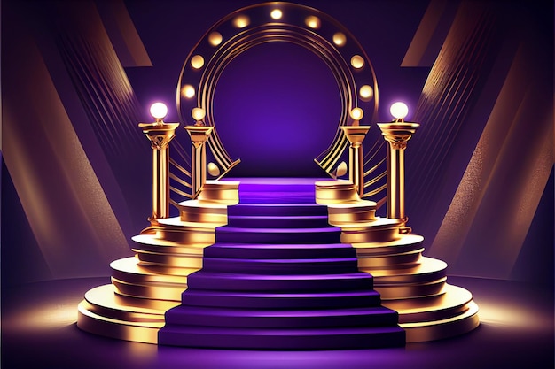 Golden Blue Purple Award achtergrond jubileum nacht decoratieve uitnodiging trofee op podium platform