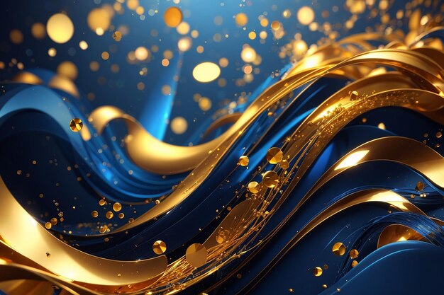 Golden blue smooth waves and shiny particles abstract background